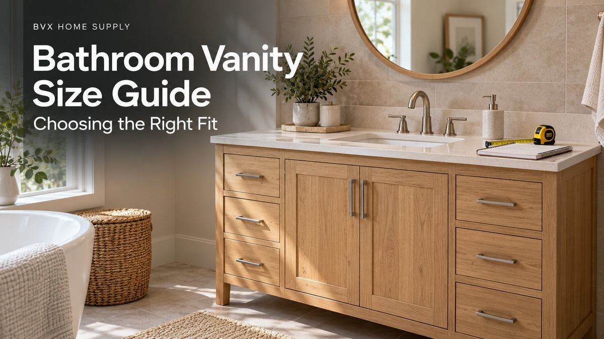 Oak bathroom vanity with a measuring tape and notebook on the countertop, beneath the title “Bathroom Vanity Size Guide: Choosing the Right Fit.”