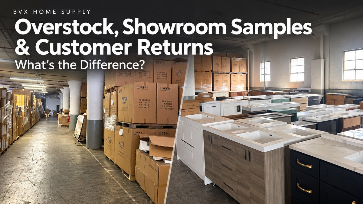 Boxed inventory and unpackaged bathroom vanities at BVX Home Supply, with the headline “Overstock, Showroom Samples & Customer Returns: What’s the Difference?”