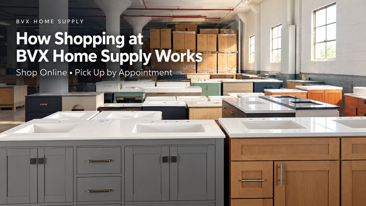Bathroom vanities and boxed inventory at BVX Home Supply’s warehouse.