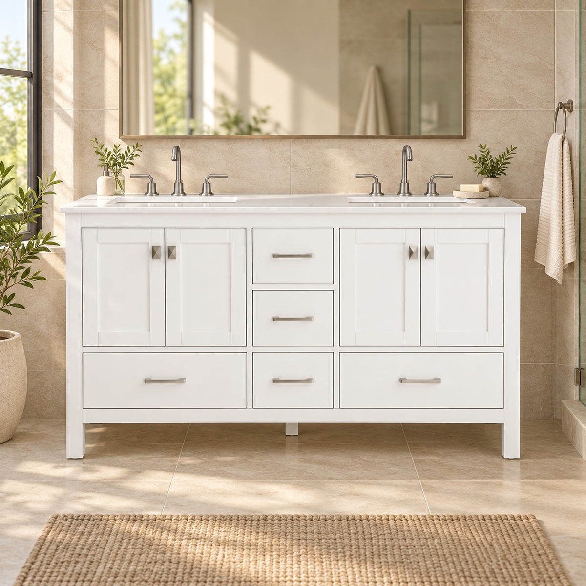Bergen 60″ Double Sink Bathroom Vanity with White Quartz Top
