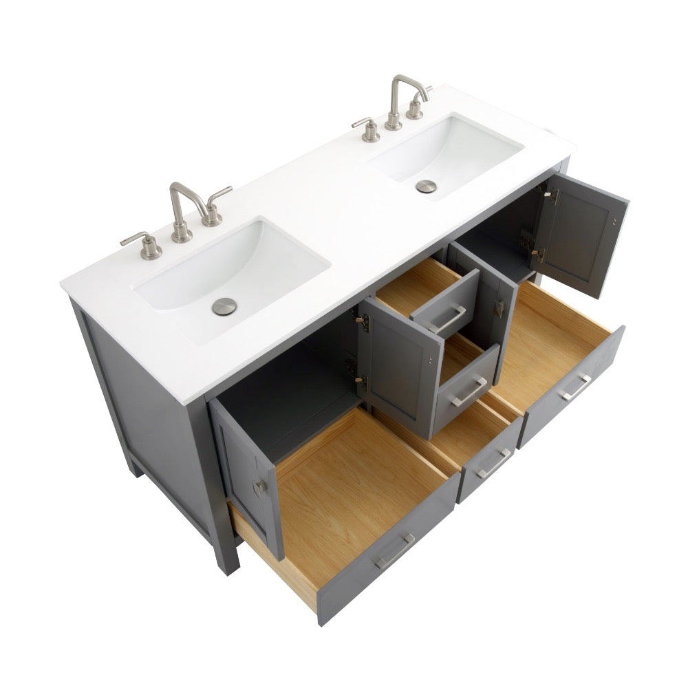 Bergen 60″ Double Sink Bathroom Vanity with White Quartz Top