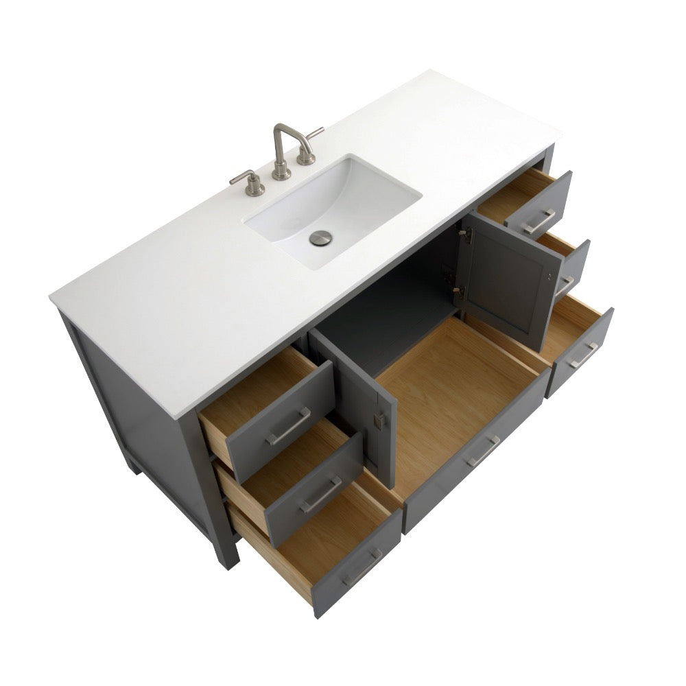 Bergen 60″ Single Sink Bathroom Vanity with White Quartz Top