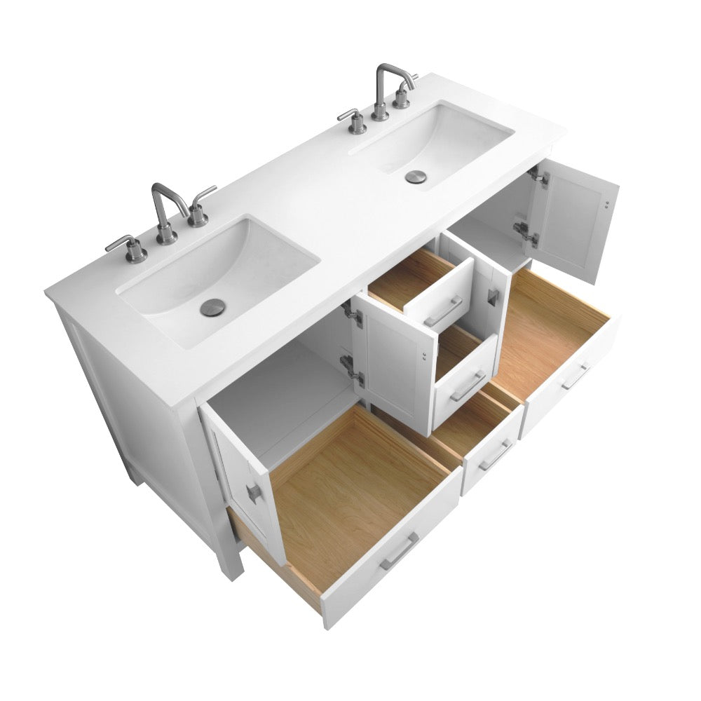 Bergen 60″ Double Sink Bathroom Vanity with White Quartz Top