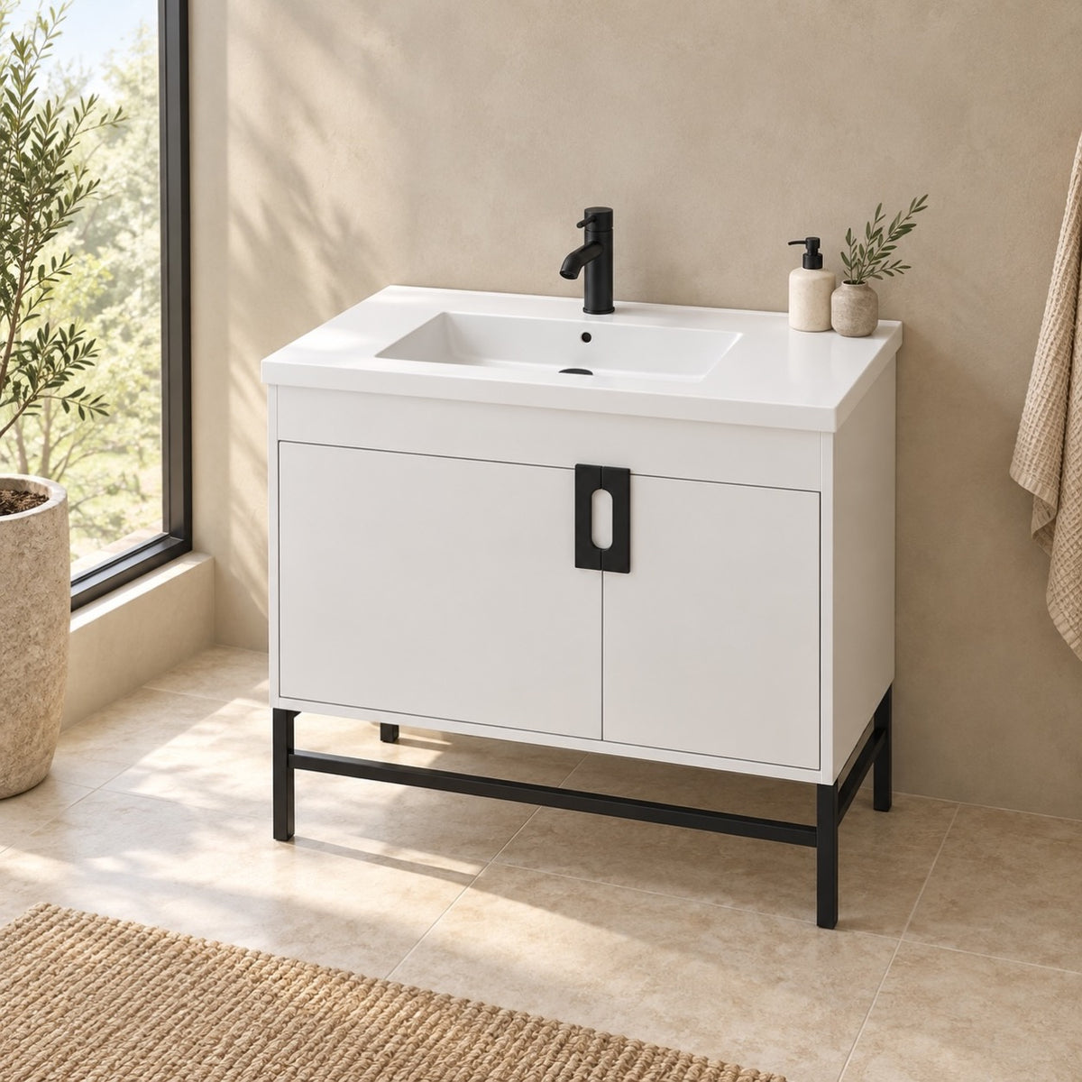 Salento 36" White Single-Sink Vanity with Black Hardware