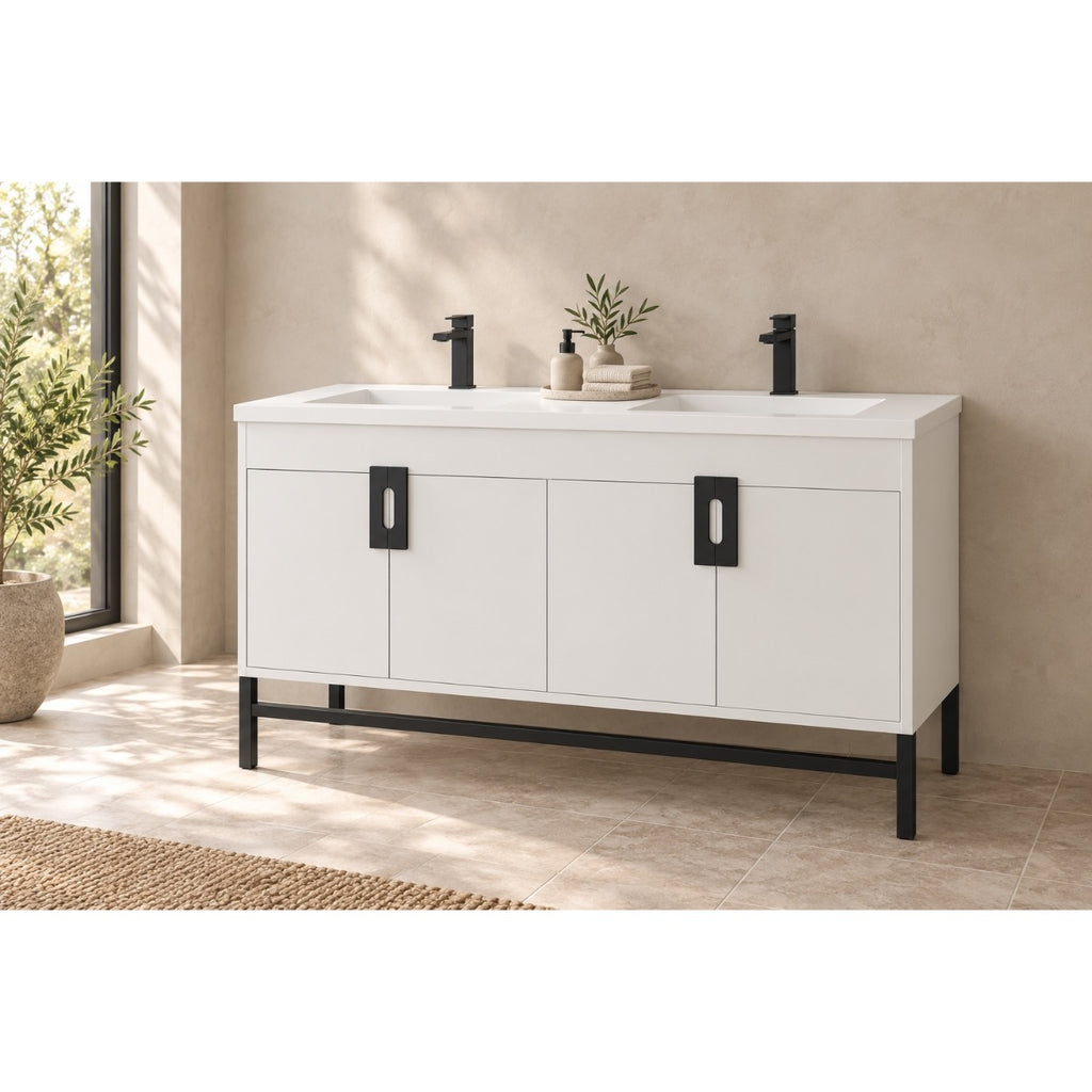 Salento 60" White Double-Sink Bathroom Vanity with Black Hardware