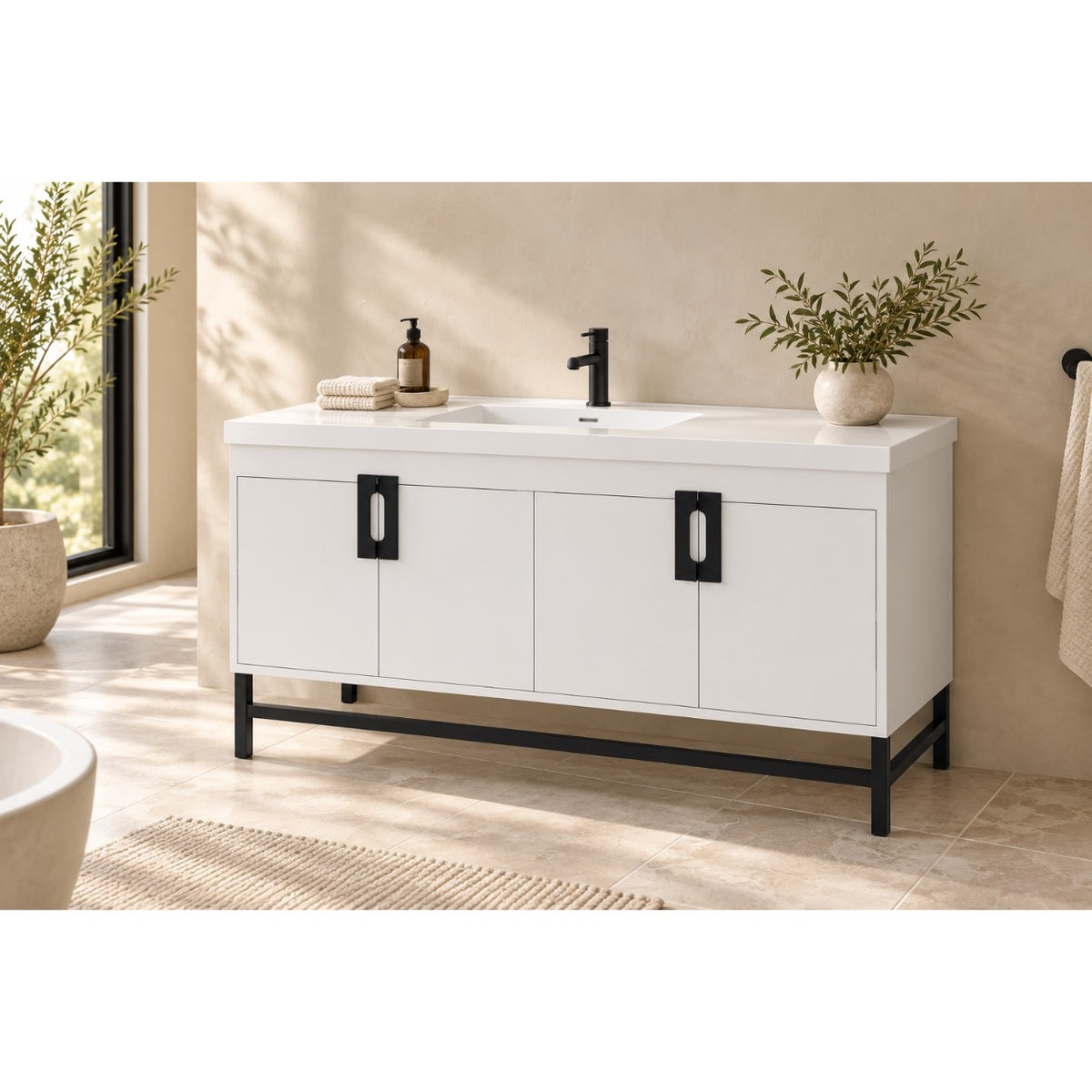 Salento 60" White Single-Sink Bathroom Vanity with Black Hardware