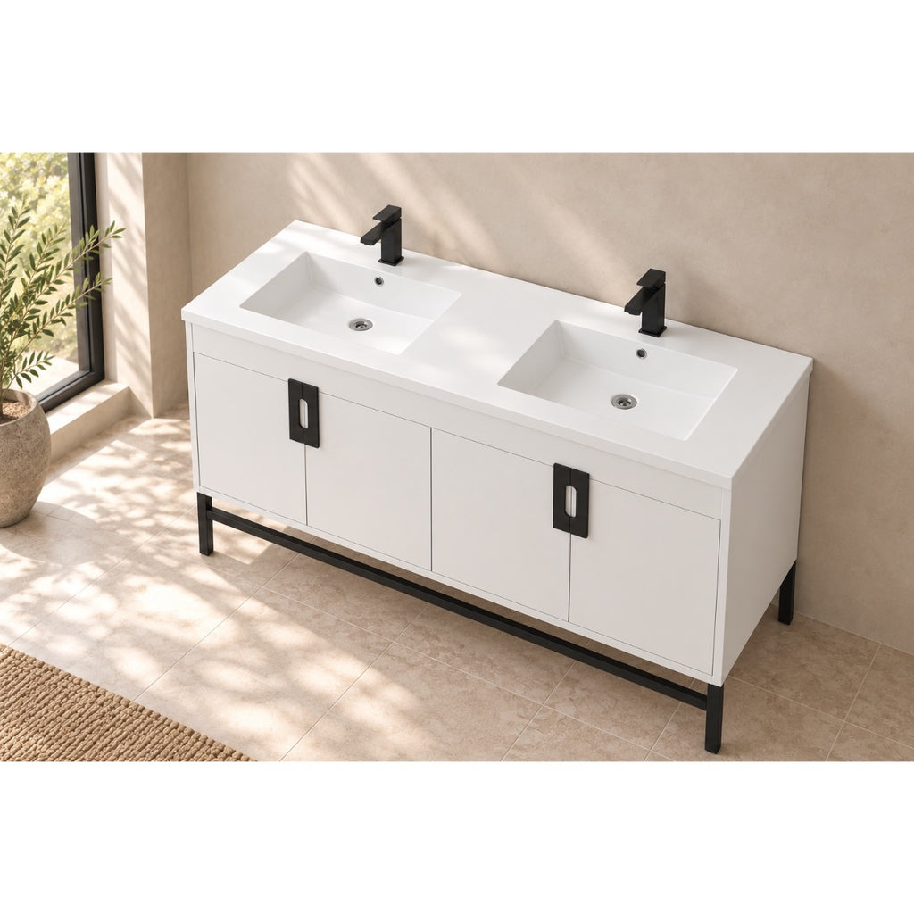 Salento 60" White Double-Sink Bathroom Vanity with Black Hardware